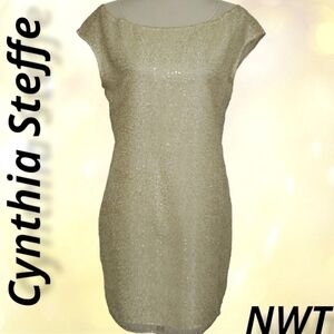 Cynthia Steffe Sheath Cocktail Wedding Dress Sequin Gold 12 NWT